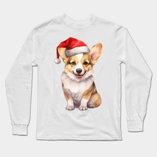 Pembroke Welsh Corgi Dog in Santa Hat Long Sleeve T-Shirt